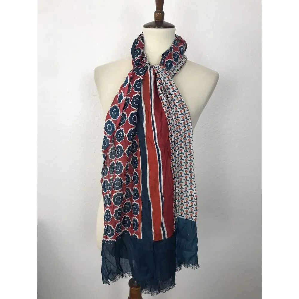 Coldwater Creek Scarf Women Sz OS Multicolor Print‎ Floral Graphic Raw Hem NWT